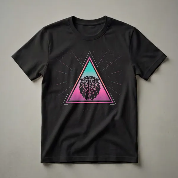 Black t-shirt with a geometric lion head inside a triangle featuring a pink to teal gradient and scattered speckles, surrounded by thin, colorful lines.