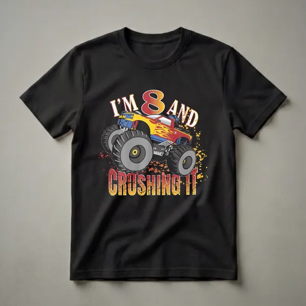 Black t-shirt featuring a red, yellow, and blue monster truck with flames and the text 'I'M 8 AND CRUSHING IT' in bold, distressed lettering.
