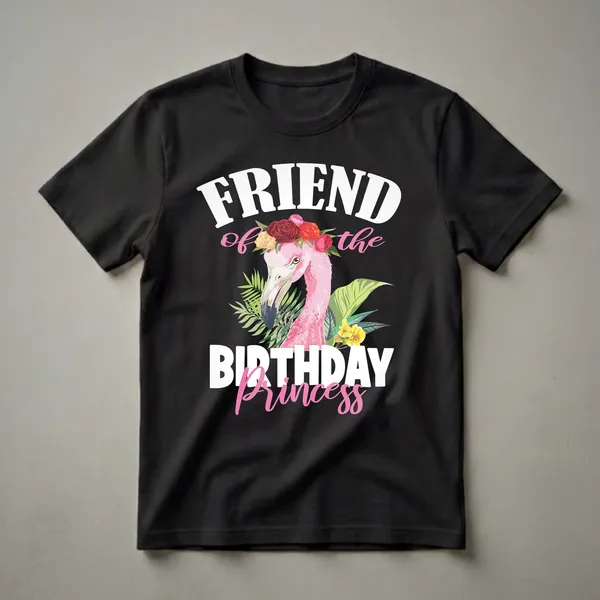 Black t-shirt with a pink flamingo wearing a floral crown, surrounded by tropical leaves, and text that reads 'Friend of the Birthday Princess'.