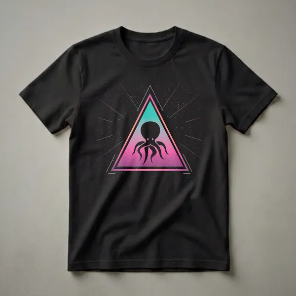 Black graphic t-shirt featuring a silhouette of an octopus inside a pink and teal gradient triangle, with geometric lines and a speckled black background.