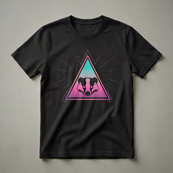 Black graphic t-shirt featuring a geometric honey badger head inside a pink-to-teal gradient triangle with radiating lines on a speckled black background.
