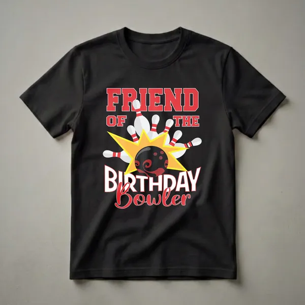 Black t-shirt with red and white text reading 'FRIEND OF THE BIRTHDAY BOWLER' and a graphic of a bowling ball hitting pins.