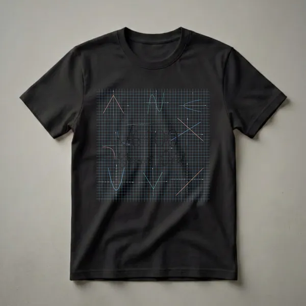 Black t-shirt graphic with a grid displaying multiple mathematical functions and equations in blue, green, and coral lines, with the text 'Square Root of 6400 = 80'.