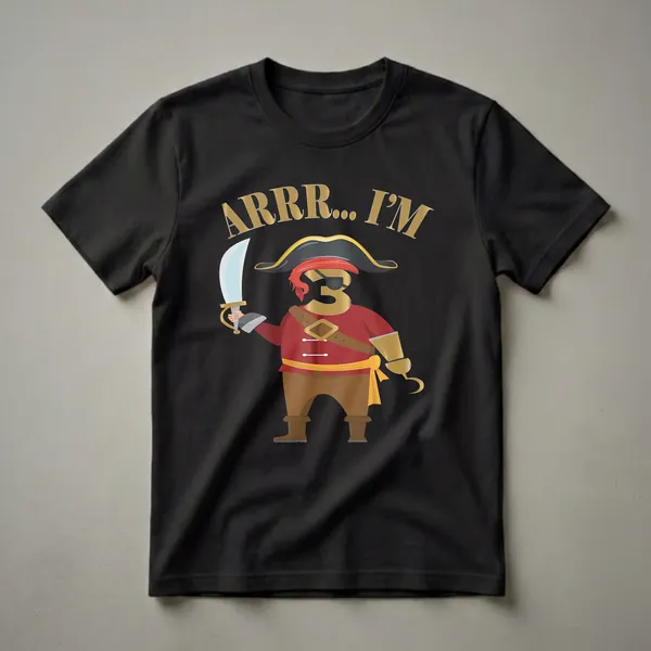 Black t-shirt featuring a cartoon pirate with a gold number '3' as its head, wearing a pirate hat, eyepatch, and holding a sword and hook.