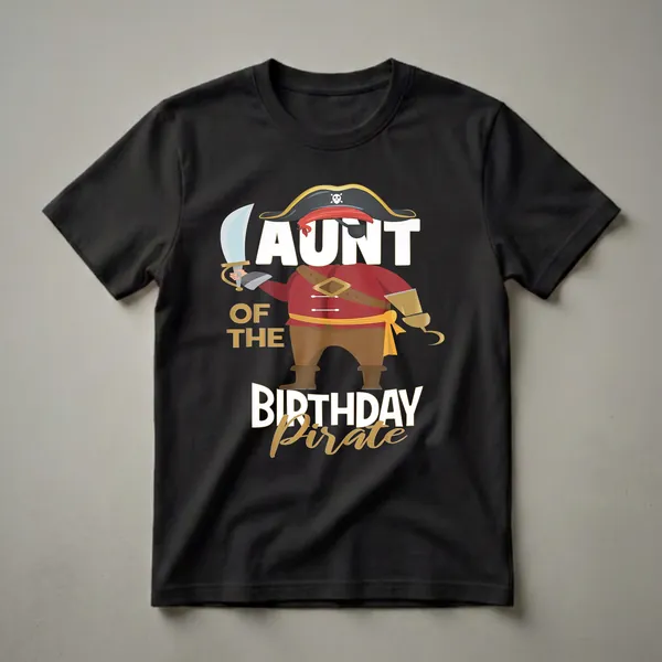 Black t-shirt featuring a cartoon pirate with a cutlass and hook, and text that reads "AUNT OF THE BIRTHDAY PIRATE".