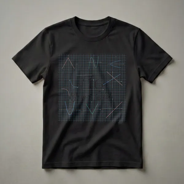 Black t-shirt with a graphic displaying various mathematical graphs and equations like parabolas, lines, and trigonometric identities on a grid.