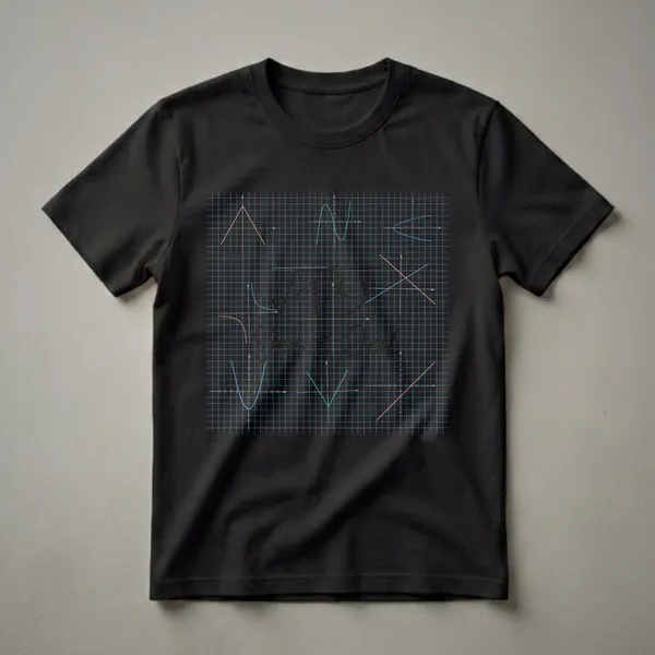 Black t-shirt graphic displaying a collage of mathematical graphs and equations like parabolas, absolute value functions, and trigonometric identities on a blue grid background.