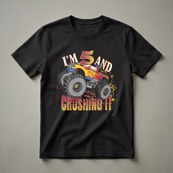 Black t-shirt featuring a red and yellow monster truck with flames and the text 'I'm 5 And Crushing It' in large, bold lettering.