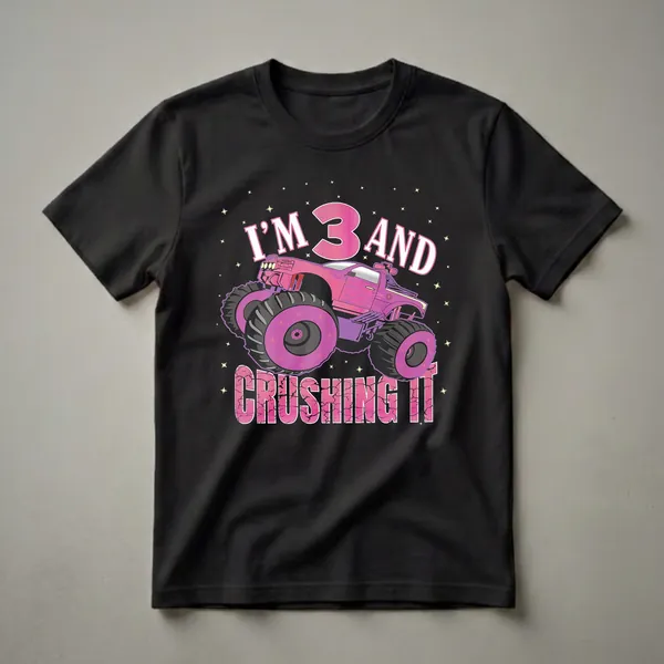 Black t-shirt with a pink and purple monster truck graphic and the text 'I'M 3 AND CRUSHING IT' in large letters, surrounded by yellow stars.