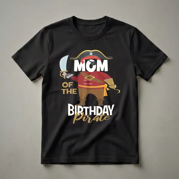 Black t-shirt featuring a cartoon pirate character with a red coat, brown pants, pirate hat, eyepatch, sword, and hook hand, with the text 'MOM OF THE BIRTHDAY PIRATE' in white and gold.