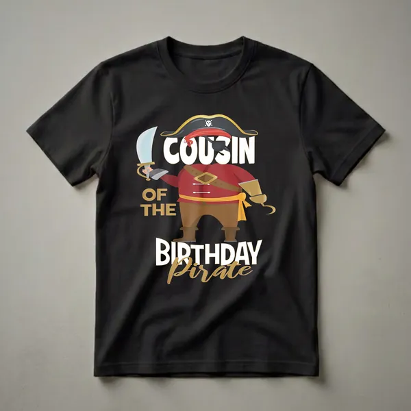 Black t-shirt with a cartoon pirate graphic that reads 'Cousin of the Birthday Pirate', featuring a pirate with a hat, sword, and hook hand.