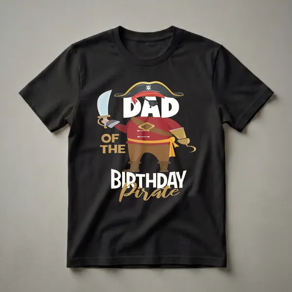 Black t-shirt featuring a cartoon pirate graphic with the text 'DAD OF THE BIRTHDAY PIRATE' and 'BIRTHDAY PIRATE' in stylized lettering.
