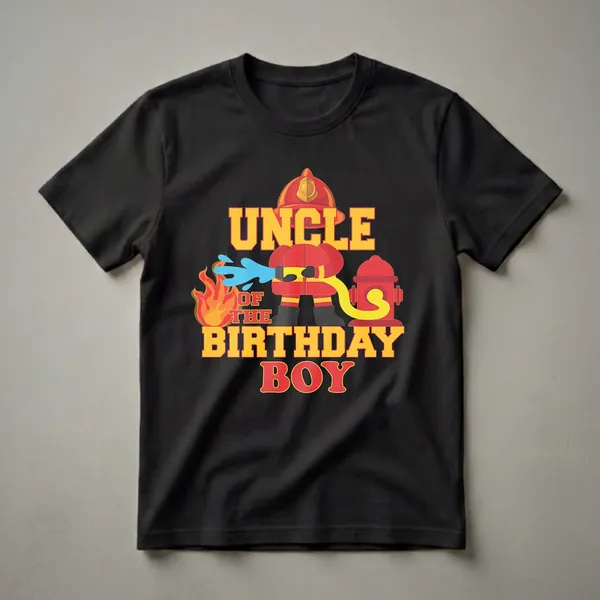 Black t-shirt with 'Uncle Of The Birthday Boy' text in yellow and red, featuring a cartoon firefighter spraying water on flames next to a fire hydrant.