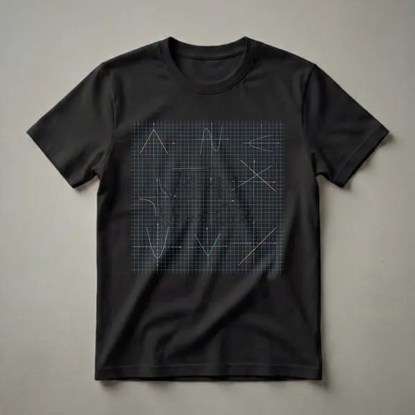 Black t-shirt with a grid displaying colorful mathematical graphs and equations, including parabolas, lines, and trigonometric identities, celebrating a 21st birthday.