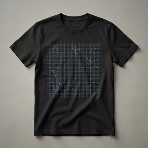 Black t-shirt graphic featuring a grid with various mathematical graphs like parabolas and lines, and equations such as sin²θ + cos²θ = 1, with a subtle square root of 289 theme.