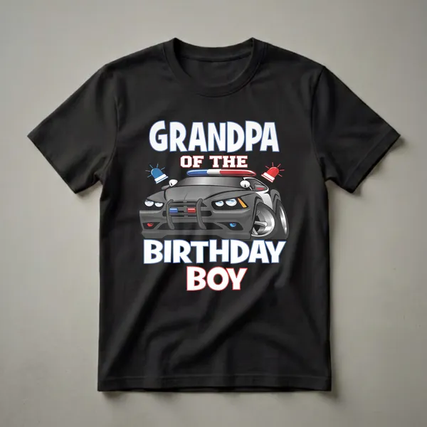 Black t-shirt featuring a cartoon police car graphic with the text 'Grandpa Of The Birthday Boy' in bold white lettering.
