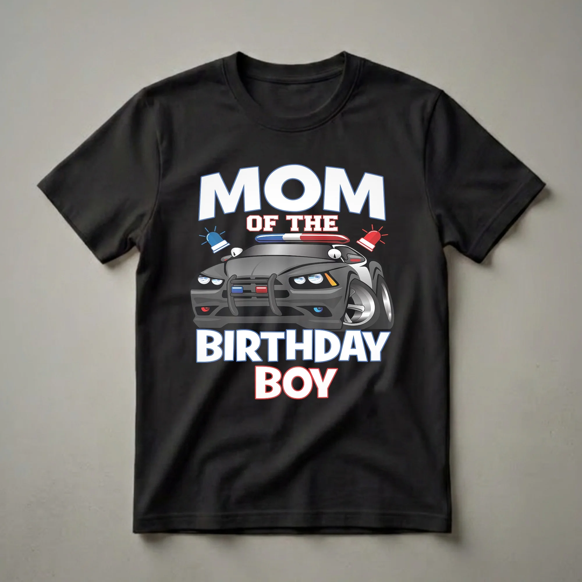 Black t-shirt with white and blue text "MOM OF THE BIRTHDAY BOY" and a cartoon police car with red and blue flashing lights.