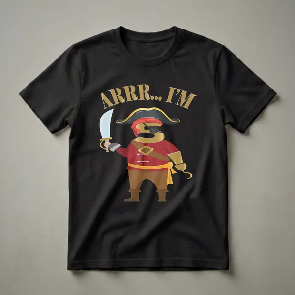 Black t-shirt featuring a cartoon pirate character with the number 5 as its body, wearing a pirate hat, eye patch, red coat, and holding a sword and hook.