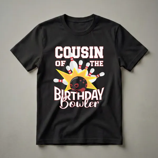 Black t-shirt with white and red text reading 'Cousin of the Birthday Bowler' and graphics of a bowling ball and pins.