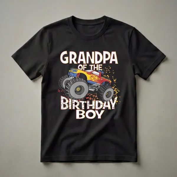 Black t-shirt with 'GRANDPA OF THE BIRTHDAY BOY' text and a red, yellow, and blue monster truck with flames.