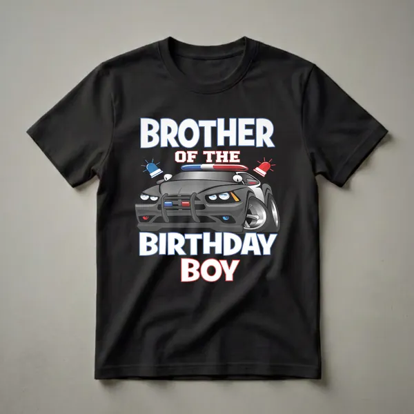 Black t-shirt with a cartoon police car graphic and the text 'BROTHER OF THE BIRTHDAY BOY' in large white letters with blue and red outlines.
