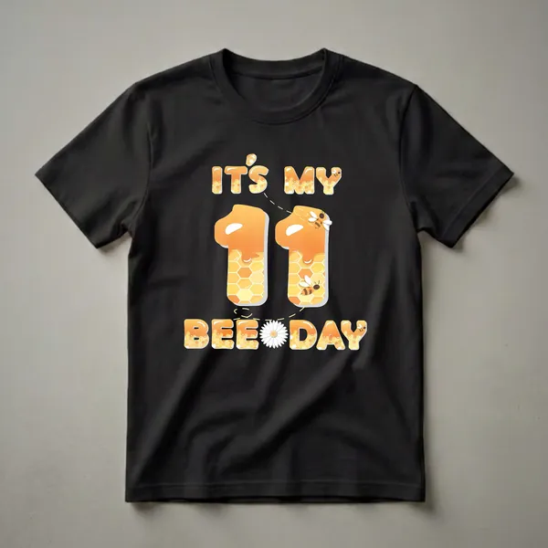 Black t-shirt featuring the text 'IT'S MY 11th BEE DAY' and the number '11' in a honey-dripping font with honeycomb patterns and bees.