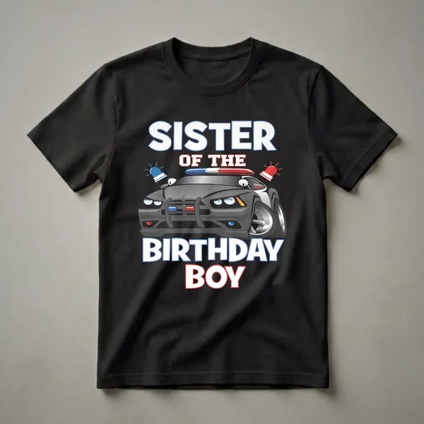 Black t-shirt with a cartoon police car graphic and white text that reads 'SISTER OF THE BIRTHDAY BOY'.