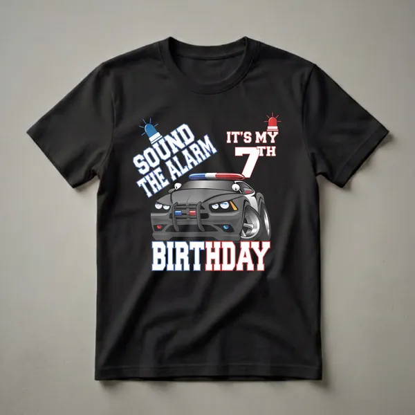 Black t-shirt with a graphic of a cartoon police car, flashing blue and red lights, and the text "Sound The Alarm It's My 7th Birthday" for a 7-year-old's celebration.