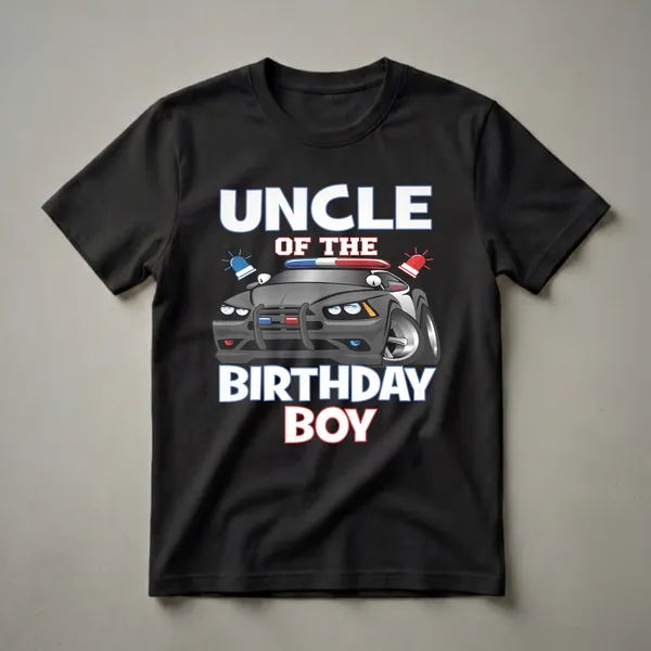 Black t-shirt with white text "UNCLE OF THE BIRTHDAY BOY" and a cartoon police car with flashing blue and red lights.