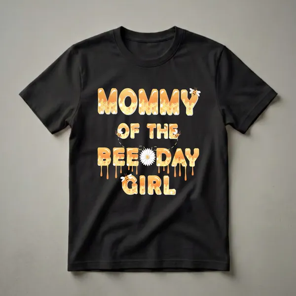 Black t-shirt with the text 'Mommy Of The Bee Day Girl' in large, orange, honey-dripping letters filled with honeycomb patterns and cartoon bees.