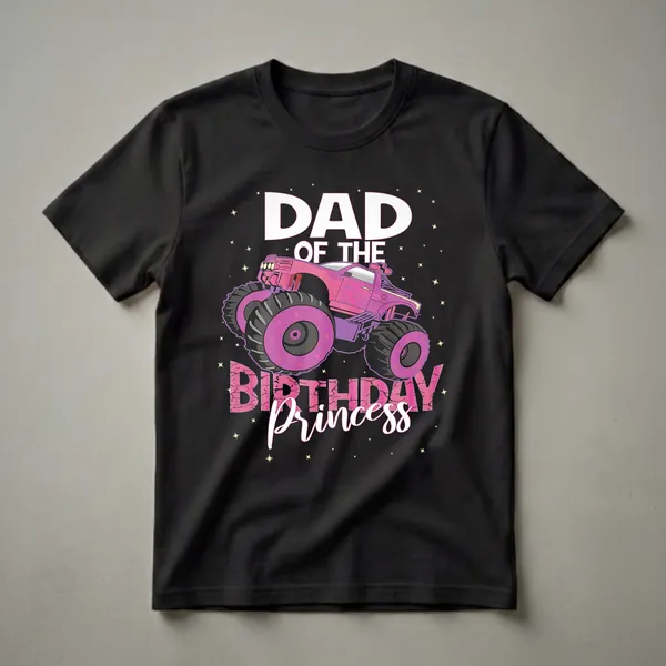 Black t-shirt with 'DAD OF THE BIRTHDAY PRINCESS' text and a pink monster truck graphic with purple wheels and yellow stars.