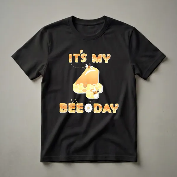 A black t-shirt featuring the text 'It's My 4th Bee Day' in honey-dripping letters, with a large number 4 decorated with honeycomb and bees, and a daisy in place of the word 'Bee'.