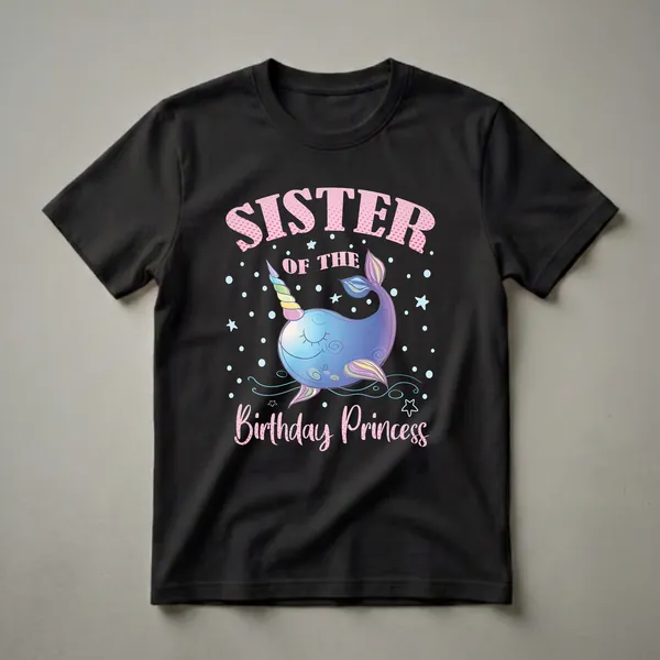 Black t-shirt with pink polka dot text 'Sister Of The Birthday Princess' and a cartoon narwhal with a unicorn horn, stars, and bubbles.