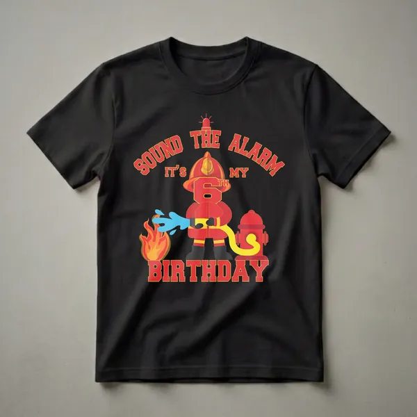 Black t-shirt featuring a cartoon firefighter spraying water on a fire, with the text 'Sound The Alarm It's My 6th Birthday' and a fire hydrant.