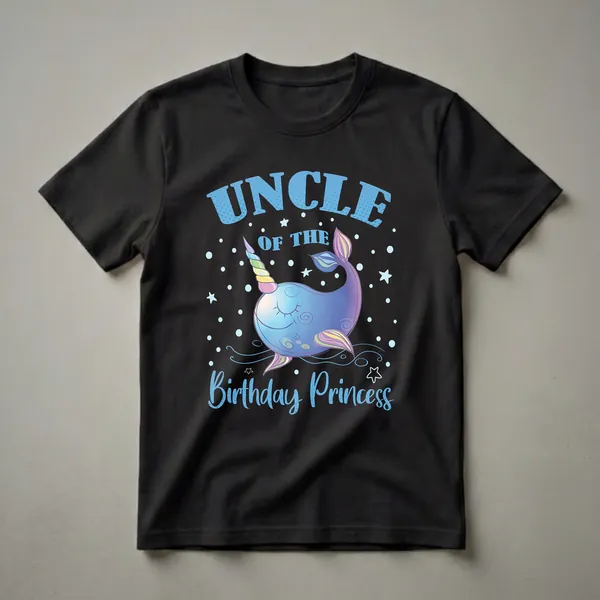 Black t-shirt featuring blue text 'UNCLE OF THE' and 'Birthday Princess' with a colorful cartoon narwhal with a unicorn horn in the middle, surrounded by stars and dots.