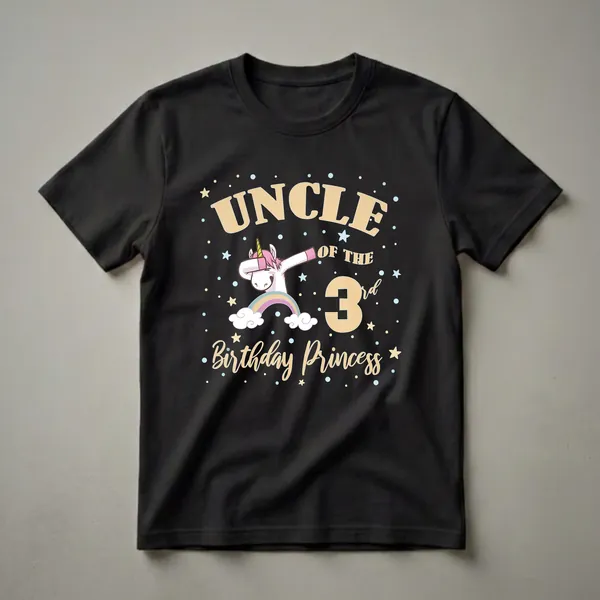 Black t-shirt featuring the text 'UNCLE OF THE 3rd Birthday Princess' with a dabbing unicorn, rainbow, clouds, and stars.