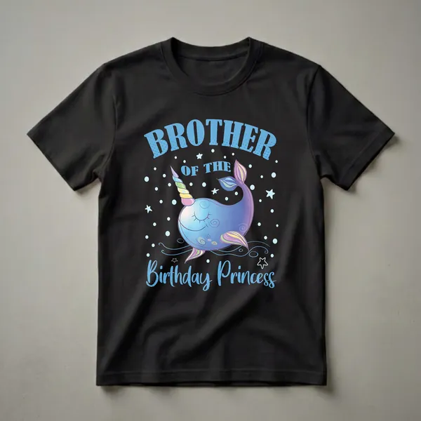 Black t-shirt featuring a blue narwhal with a unicorn horn and rainbow fins, with text 'Brother of the Birthday Princess' in blue.