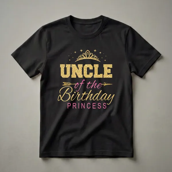 Black t-shirt with gold and pink text that reads "UNCLE of the Birthday PRINCESS" with a crown and stars graphic.