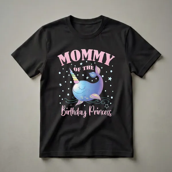 Black t-shirt featuring the text 'Mommy Of The Birthday Princess' in pink polka dots, with a blue narwhal unicorn character adorned with a rainbow horn and tail, surrounded by light blue stars and bubbles.