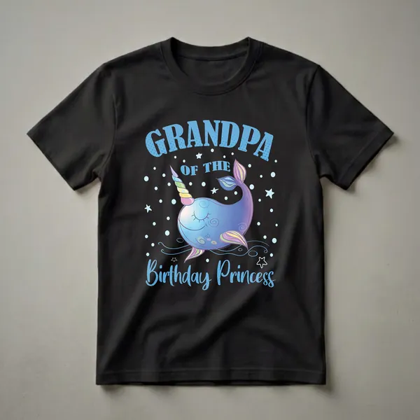 Black t-shirt with blue text reading "GRANDPA OF THE BIRTHDAY PRINCESS" above a cartoon blue narwhal with a rainbow unicorn horn and fins, surrounded by blue polka dots and white stars.