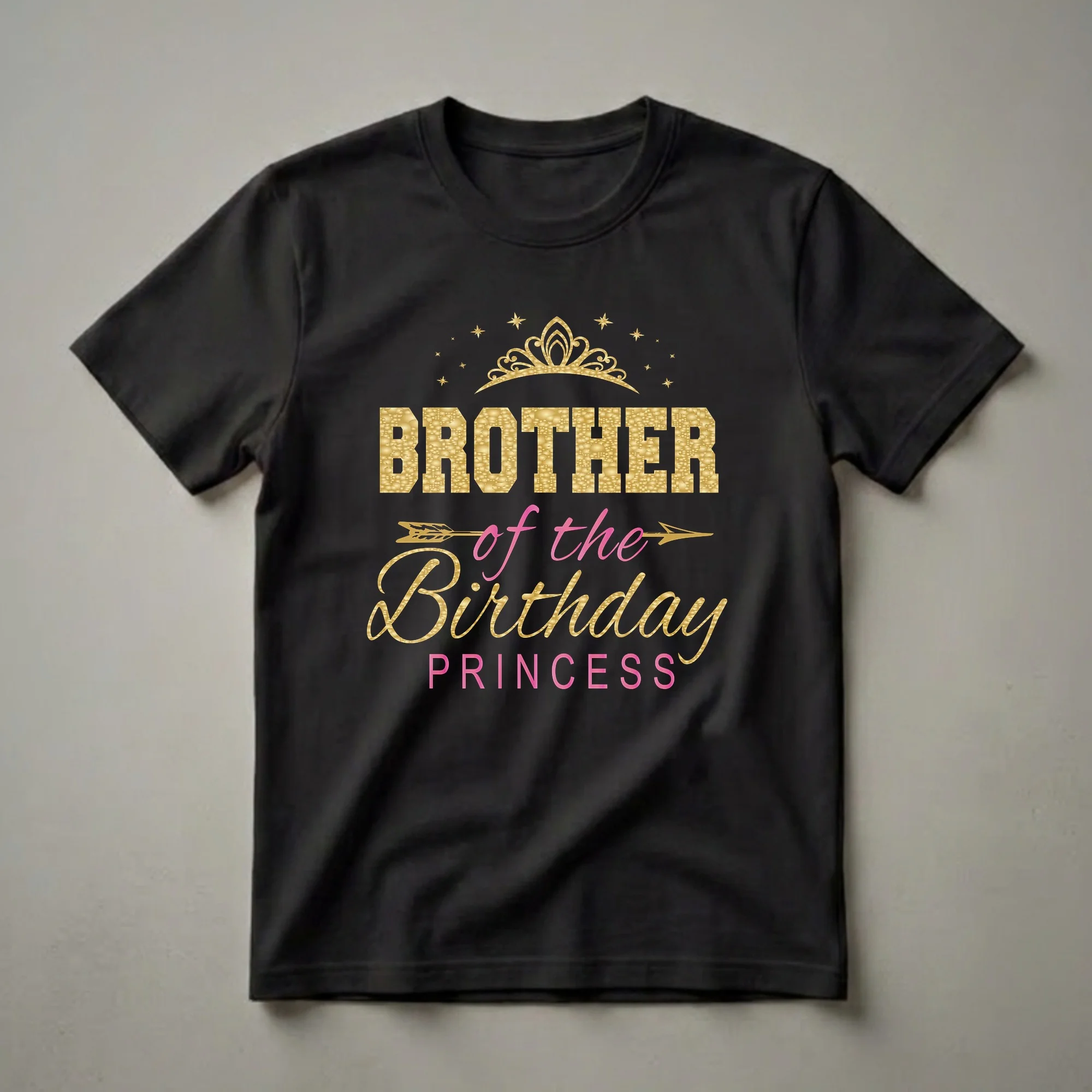 Black t-shirt with gold and pink text that reads 'BROTHER of the Birthday PRINCESS', topped with a golden crown and stars.