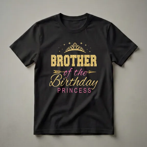 Black t-shirt with gold and pink text that reads 'BROTHER of the Birthday PRINCESS', topped with a golden crown and stars.