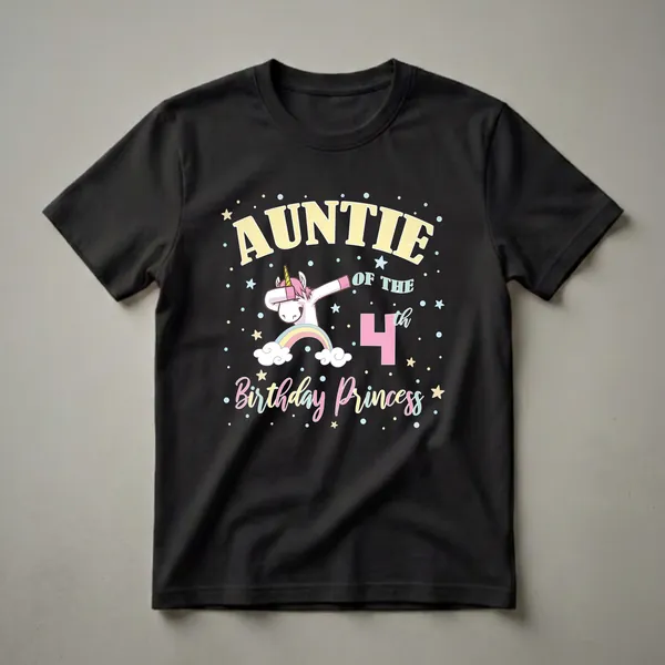 Black t-shirt with 'Auntie Of The 4th Birthday Princess' text, a dabbing unicorn on a rainbow, and scattered stars and dots.