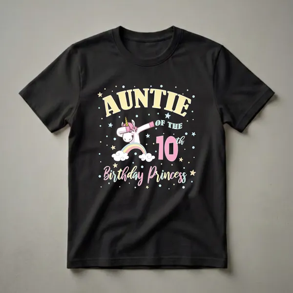 Black t-shirt with 'Auntie Of The 10th Birthday Princess' text, a dabbing unicorn, rainbow, clouds, stars, and confetti in pastel colors.