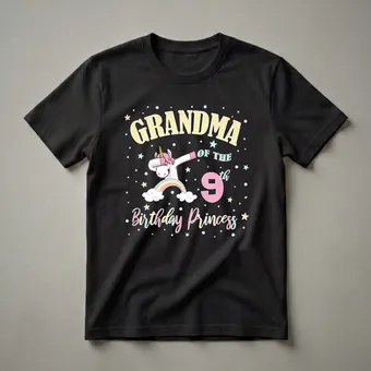 Grandma of the 9th Birthday Princess Unicorn Graphic T-Shirt