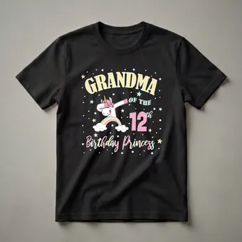 Grandma of the 12th Birthday Princess Unicorn Graphic T-Shirt