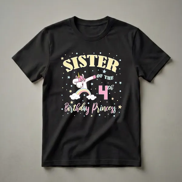 Black t-shirt with a dabbing unicorn, rainbow, stars, and text reading 'Sister Of The 4th Birthday Princess'.