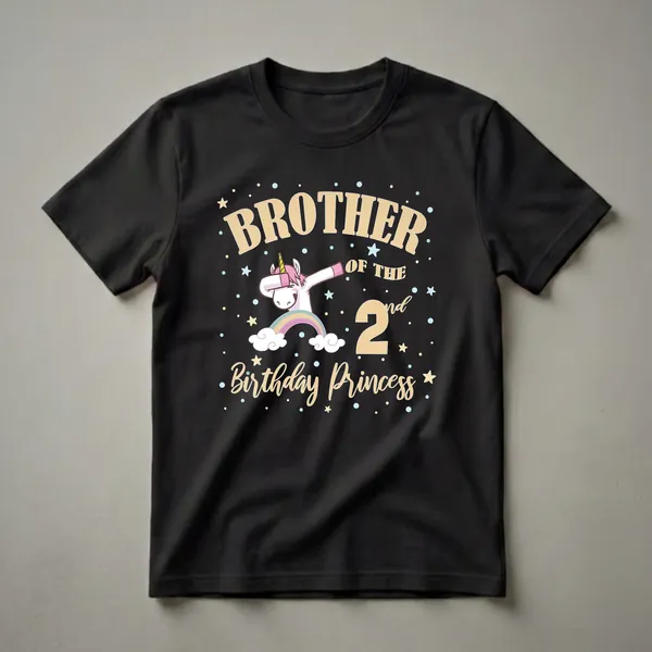 Black t-shirt with a graphic design that reads 'Brother of the 2nd Birthday Princess' featuring a dabbing unicorn on a rainbow with stars and dots.