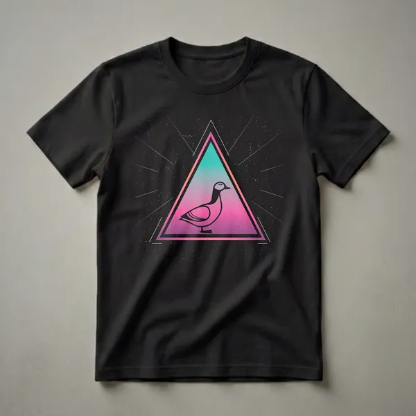 Black t-shirt featuring a geometric triangle with a pink to teal gradient, containing a black silhouette of a goose, surrounded by thin colorful lines and speckled texture.
