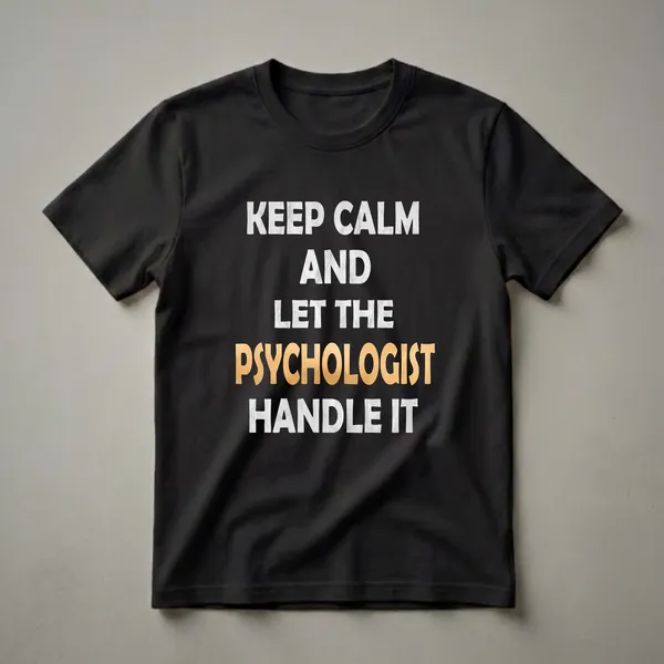 Black t-shirt with white and gold distressed text that reads 'KEEP CALM AND LET THE PSYCHOLOGIST HANDLE IT'.